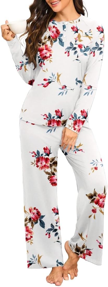 PrinStory Womens Pajama Set Long Sleeve Henley Pjs Sleepwear Wide Leg Pants Nightwear With Pockets