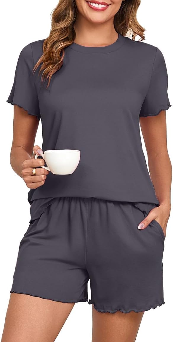 PrinStory Womens Pyjamas Summer Knit Ladies Pyjamas Regular Fit Short Sleeve T-Shirt And Short Casual Loungewear