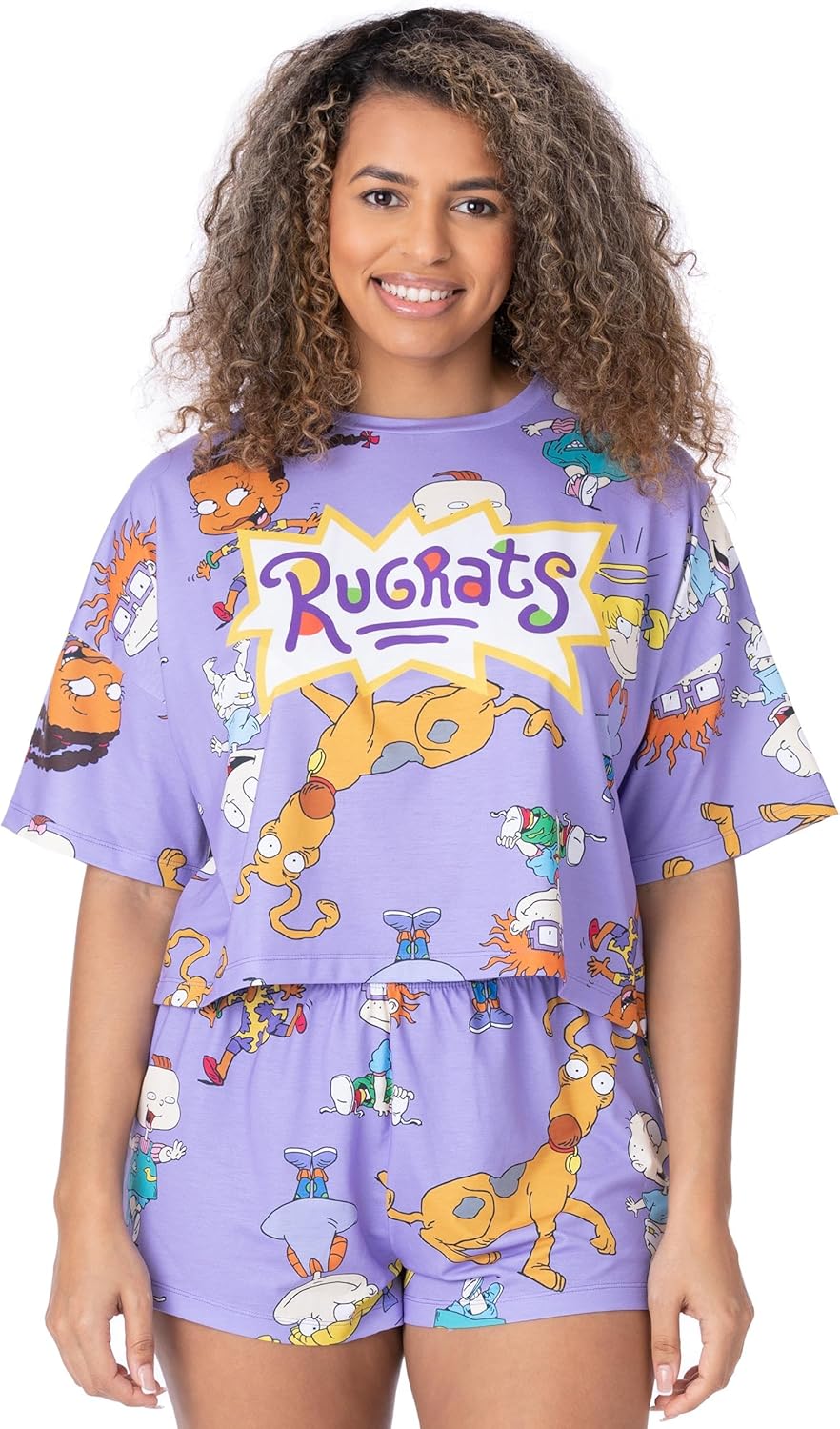 Rugrats Womens Pyjama Set | Ladies Purple Cropped Short Sleeved T-Shirt With Shorts Bottoms Pjs | Tommy Chuckie Angelica Character Retro Logo | 90s Cartoon Nightwear Pyjama Merchandise for Adults