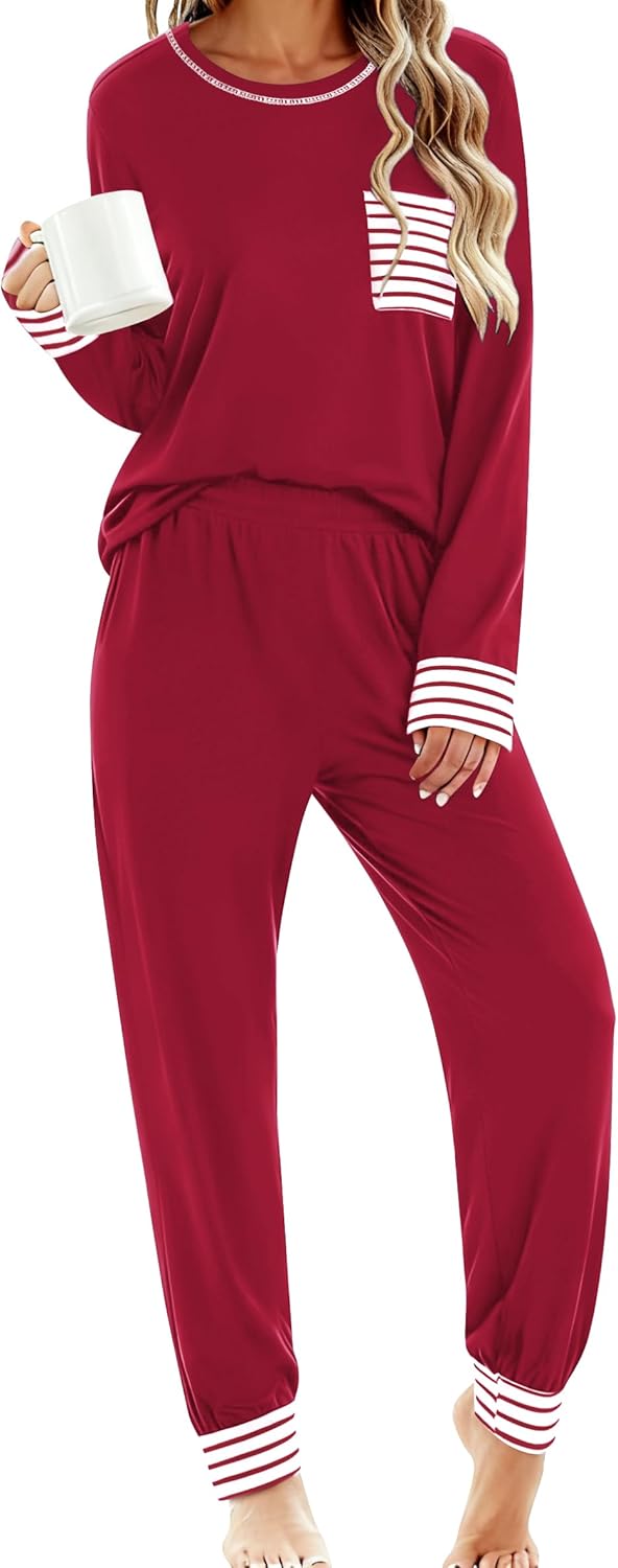 SWOMOG Women’s Pyjamas Set Long Sleeve Top with Pants 2 Pieces Sleepwear Soft Warm PJs Set Ladies Lounge Wear Nightwear S-XXL
