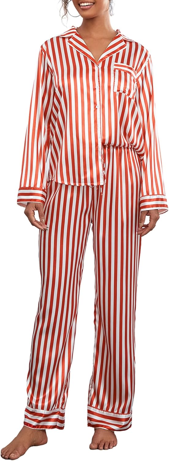 Satin Pajama Set for Women Christmas Striped Long Sleeve Shirt and Pants Set Sleepwear Loungewear