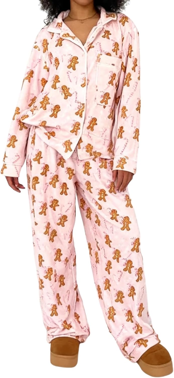 Soft Christmas Pajamas Womens Pajamas Set 2 Piece Gingerbread Button-Down Xmas PJs Set Sleepwear Loungewear