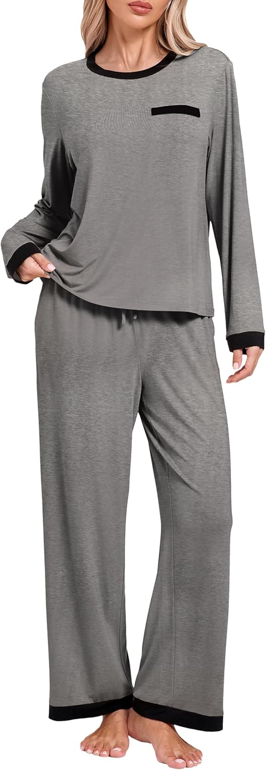 Soft Connection® Women’s Long Sleeve Loungewear Set – Viscose-Spandex 2-Piece Pyjama with Relaxed Top, Wide Leg Pants & Contrast Trim