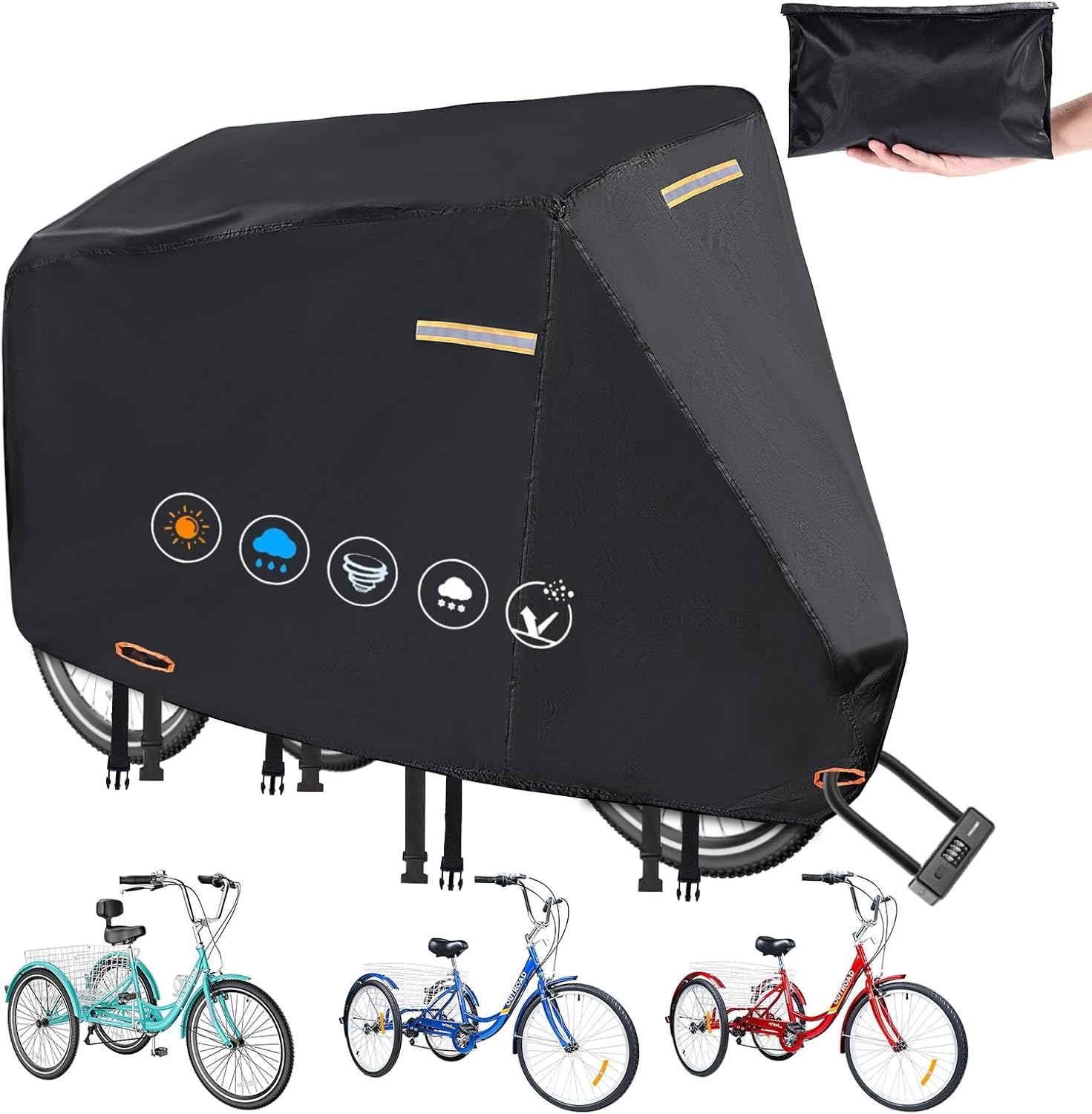 Tricycle Cover for Adult Bike,420D Heavy Duty Electric Trike Covers Waterproof Outdoor with 3 Wheel Lock Holes,Waterproof Strip,3 Windproof Buckles,Accessories Fit for Various 3 Wheel Bike Types