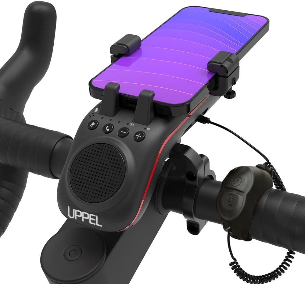 UPPEL Bluetooth Speaker Bicycle, Multifunctional Bike Phone Holder 10-in-1- LED Light – Bike Horn – Microphone – Ideal for Road & Mountain Bike (Black)