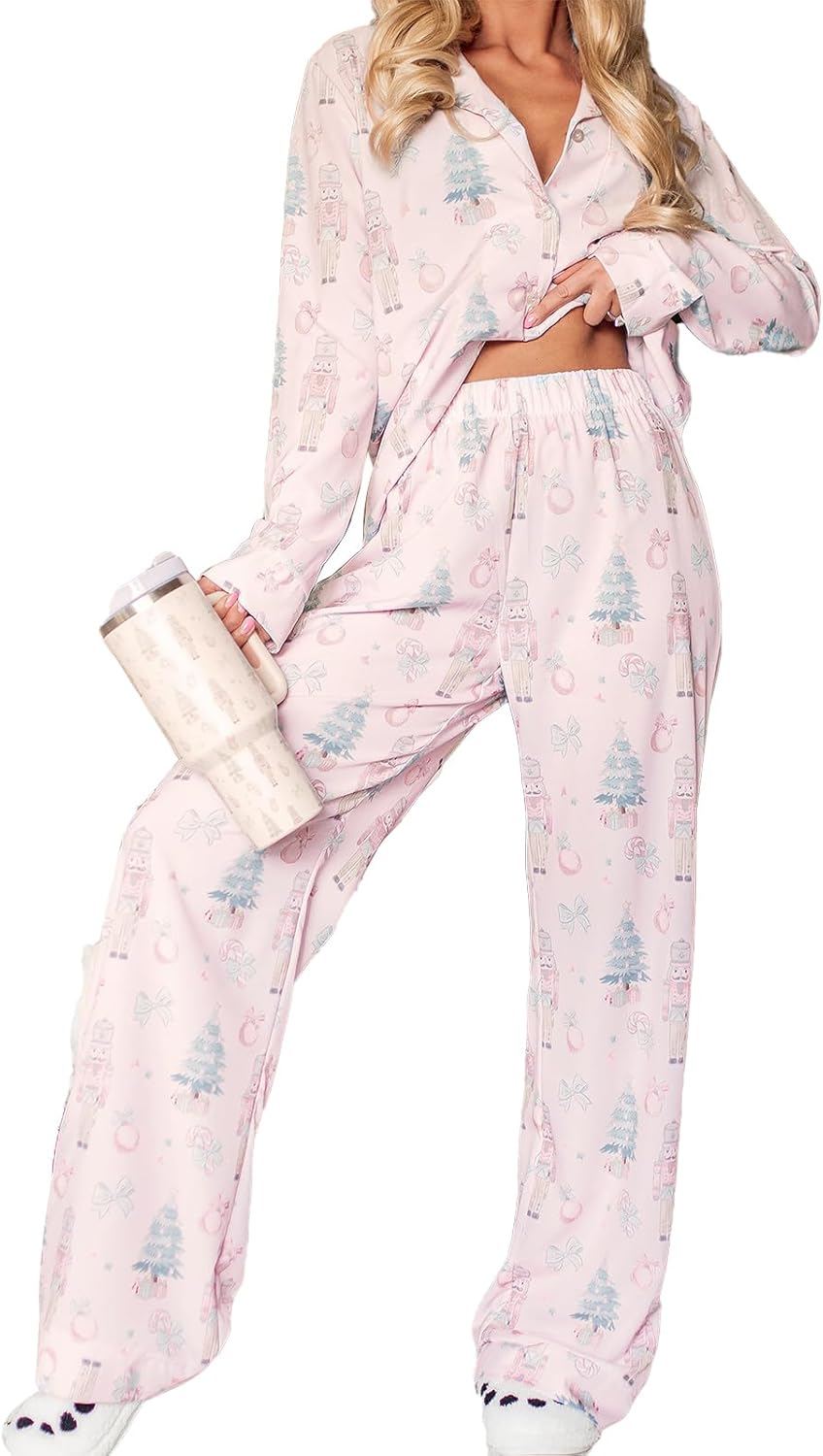 Women Christmas Pajamas Lounge Set Santa Christmas Tree Print Long Sleeve Tops and Pants 2 Piece Loungewear Outfits
