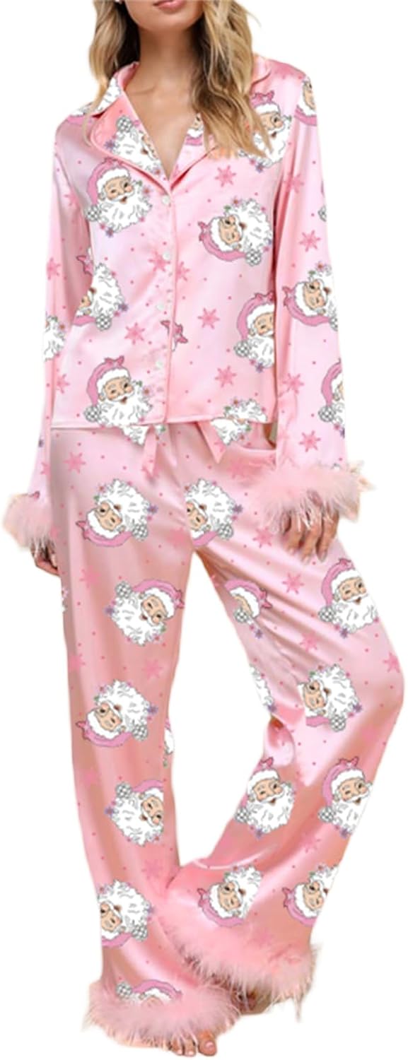 Women Christmas Pajamas Sets Y2K Feather Trim Pajamas Set Button Down Shirt+Pants 2 Piece Satin Silk Xmas PJs Loungewear