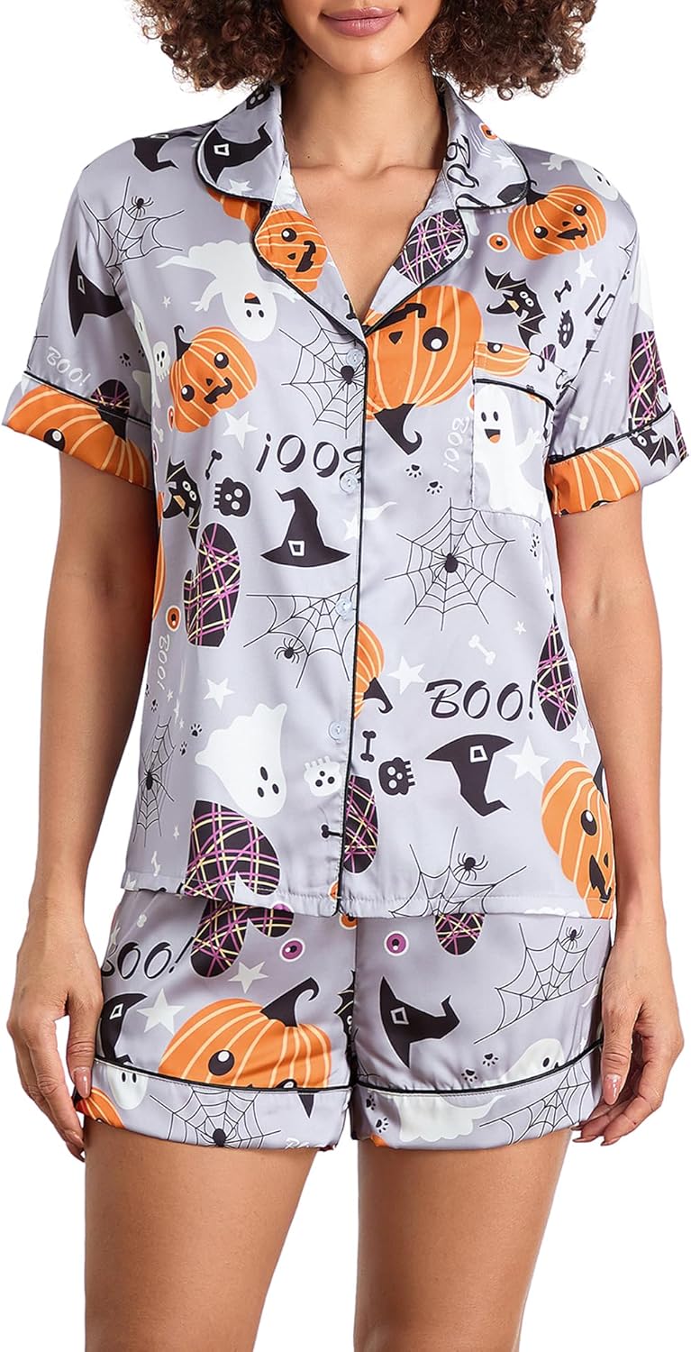 Women Halloween Pajama Set Ghost Pumpkin Matching Graphic Short Lounge Sets Two-Piece Print Loungewear Holiday Outfits
