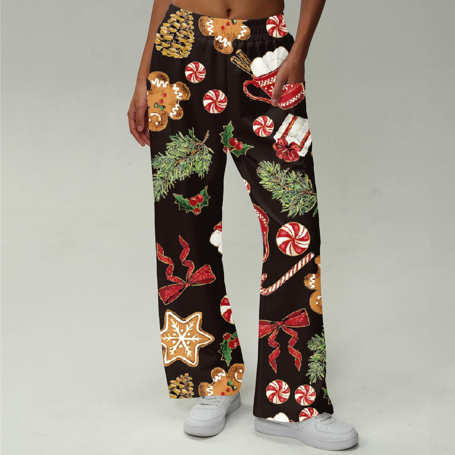 Women Pants Christmas Holiday Print Wide Leg High Waist Elastic Waistband Graphic Trousers Casual Streetwear Winter Outfits