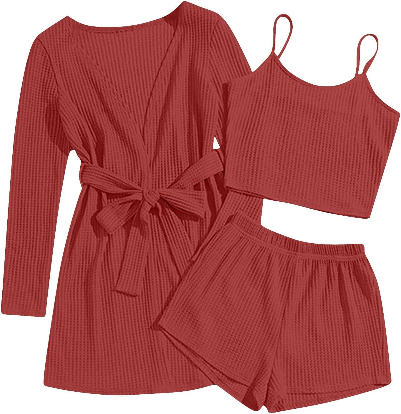 Womens Pajama Sets 3 Piece Waffle Knit Lounge Set Soft Pajama Sets Tank Top and Shorts with Robe Sleepwear Set Soft Comfy Loungewear Nightwear Summer Outfits Homewear