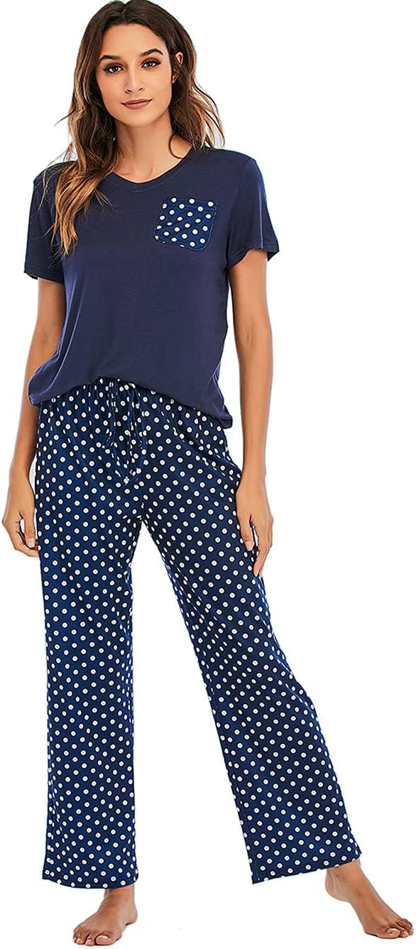 Womens Pajamas Set Cotton Short Sleeve Swiss Dot Soft Casual Sleepwear Nightwear Loungewear V Neck T Shirt and Wide Leg Pant Two Piece Pj Sets with Pockets