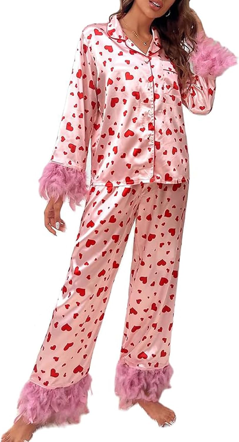 Womens Valentines Day Feather Pajamas Set Long Sleeve Heart Print Button Up Top Pants Y2k Holiday Lounge Sets Cute Sleepwear