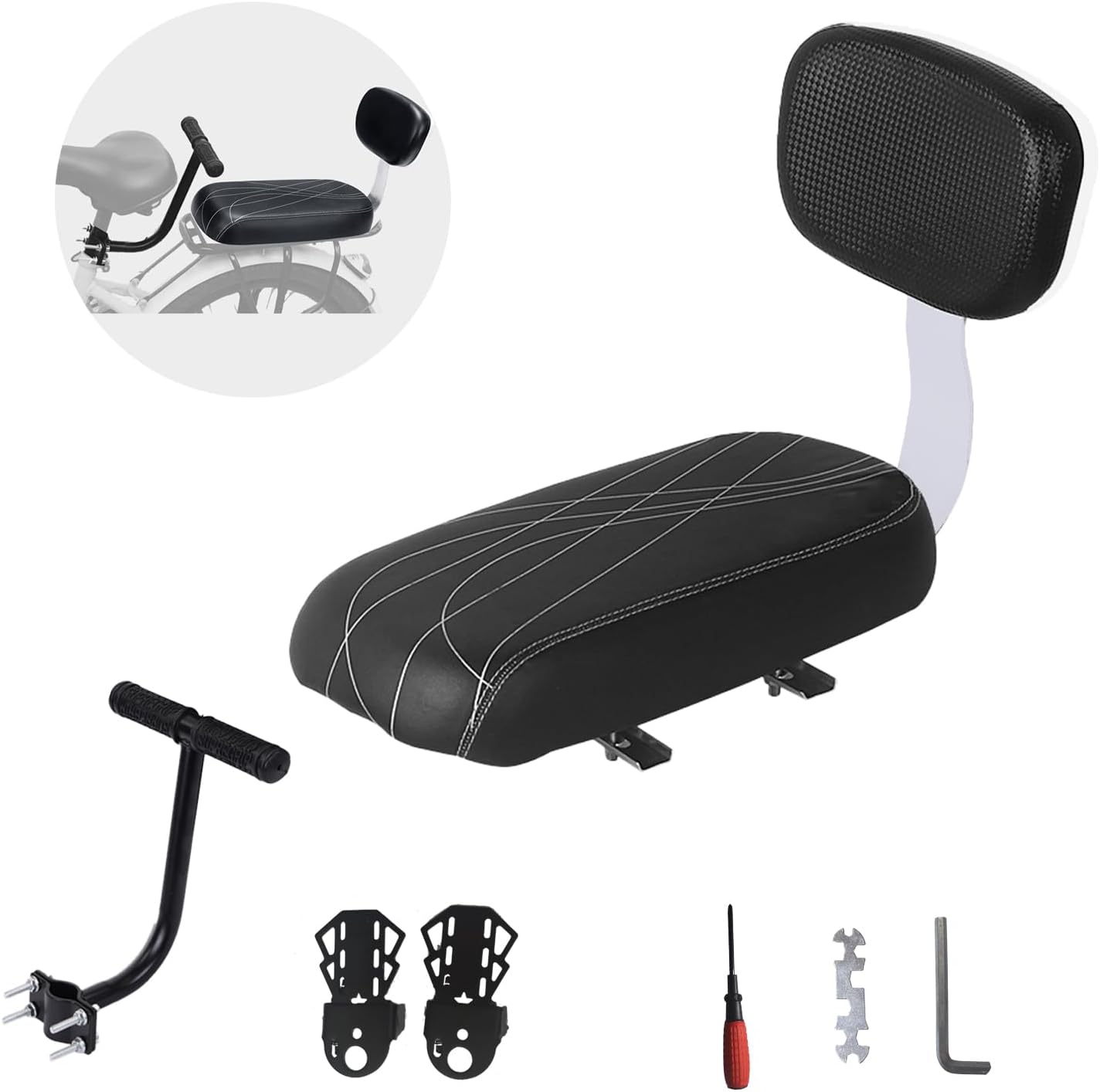 Woouagia Bicycle Rear Seat with Back,Pu Leather Soft Cushion Bicycle Passenger Seat,Rear Bike Seat Kids Including Cushion and Backrest, Armrest, Footrests (Black)