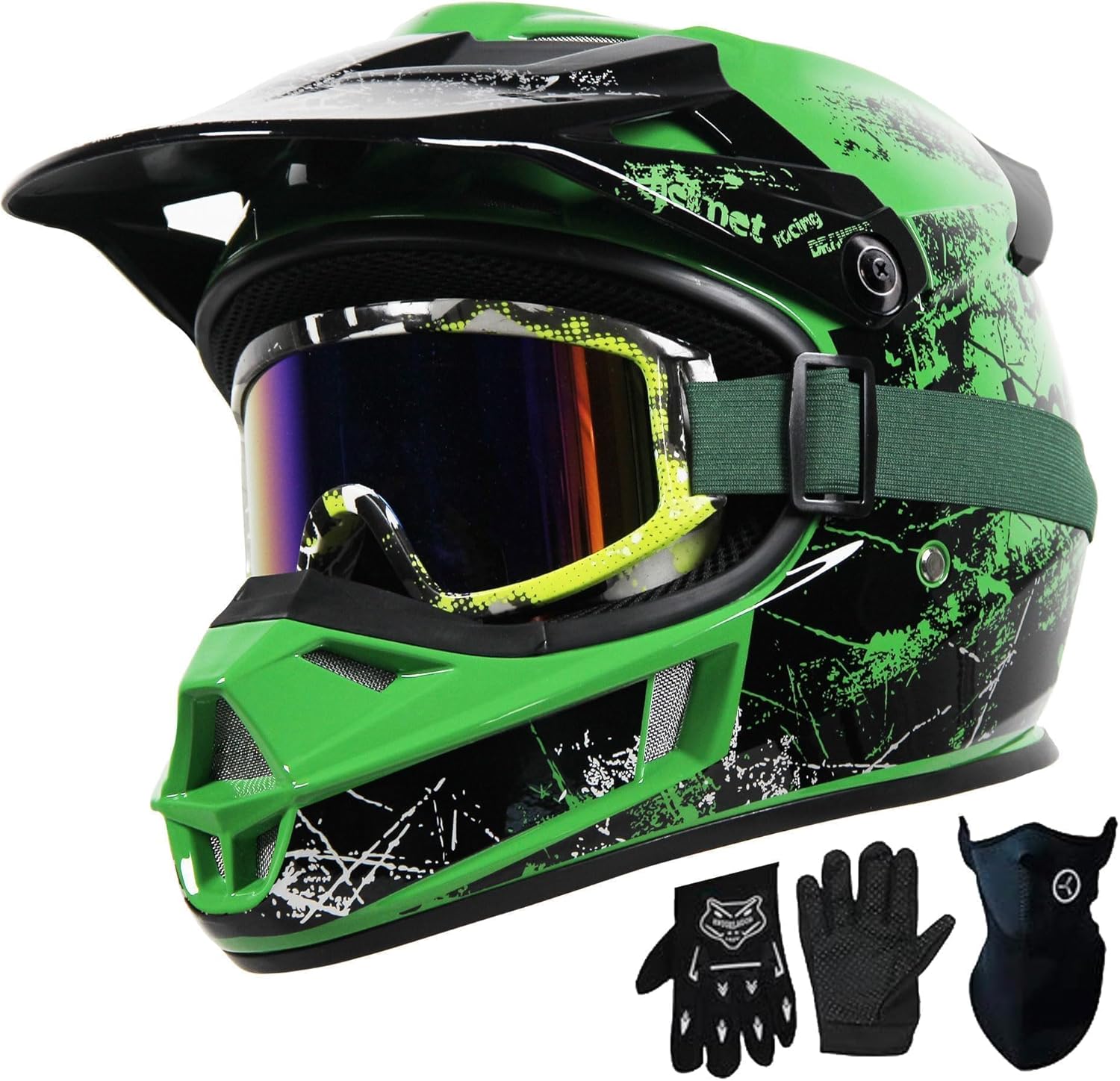 for Kids 4-16 DOT Certified Full Face Motorcycle Helmet,Youth Dirt Bike & ATV Helmet for Boys & Girls for Motocross, Go-Kart, Electric Dirtbike and Off-Road Riding (Green, L)